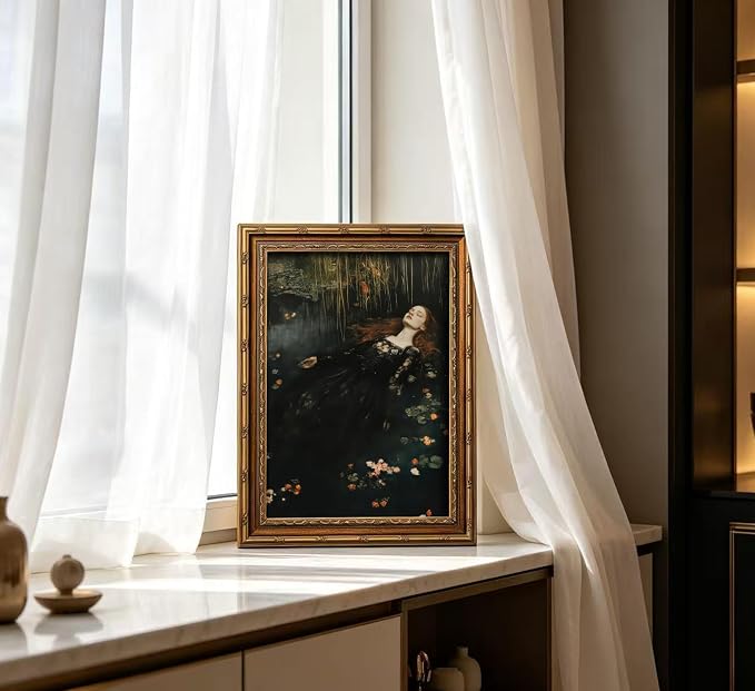 Vintage Gold Framed Ophelia Wall Art,Victorian Gothic Oil Painting Canvas Print,Classic Dark Academia Aesthetic Wall Decor,Antique Woman Portrait Picture,Moody Floral Poster Artwork,for Living Bedroom
