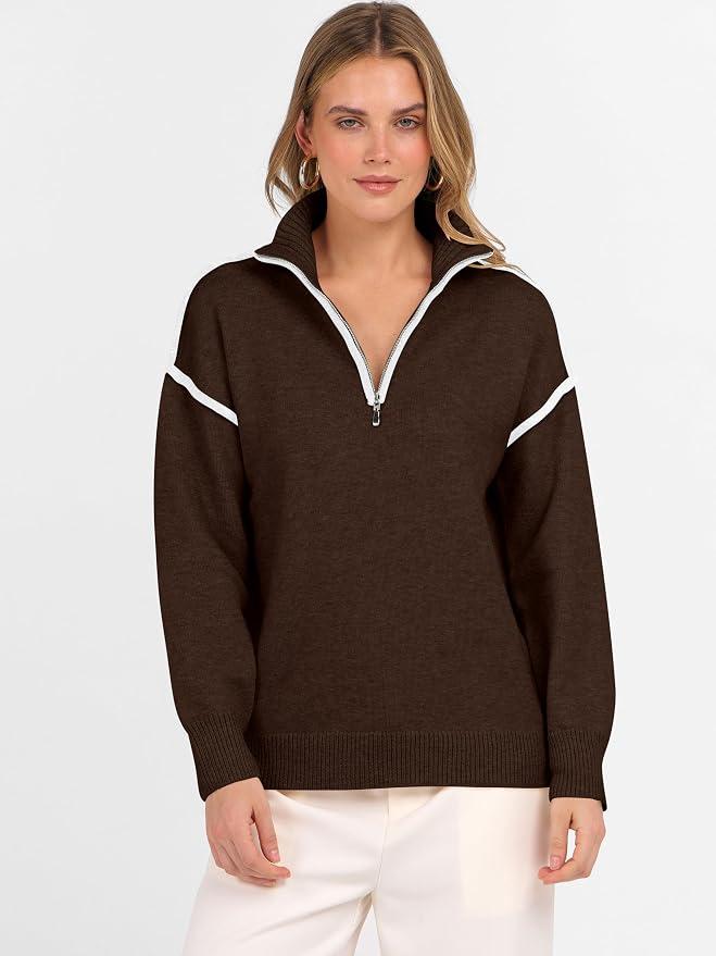 ANRABESS Womens Quarter Zip Sweaters Fall Long Sleeve V Neck Shirts Collared Business Casual Tops Knit Pullover Sweatshirts