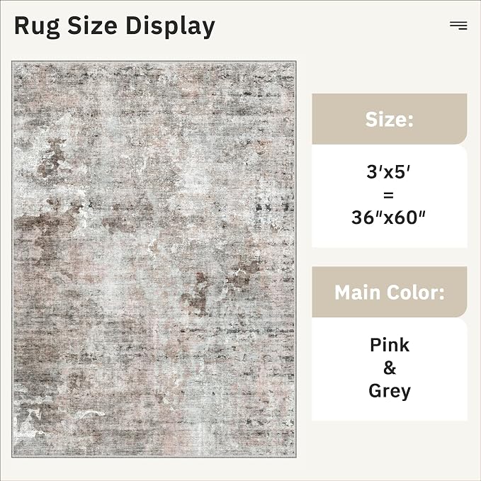 Soalmost Abstract 3x5 Rugs, Small Kitchen Entryway Area Rug Pink/Grey | Vintage Low Pile Carpet for Nursery Coffee Table Bathroom, Foldable Stain Resistant Indoor Door Mat Entrance Powder Room