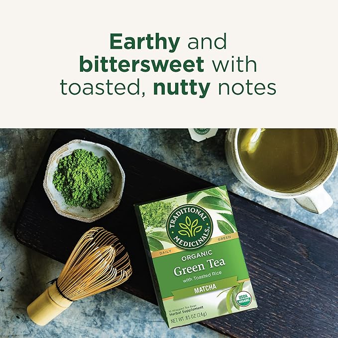 Traditional Medicinals Tea, Organic Green Tea Matcha, Genmaicha, Supports Health, Kosher, Non-GMO, Caffeine-Free, Compostable - 96 Tea Bags (6 Pack)