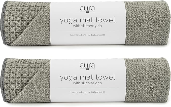 S&T INC. Aura Yoga Mat Towel with Non-Slip Grip, Enhanced Silicone Grip, Soft and Absorbent for Gym, Pilates, and Hot Yoga Mat, 2 Pack, 24 inches x 72 inches, 340GSM, Grey