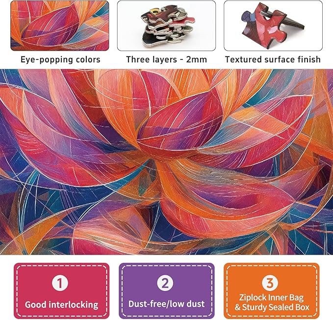 1000 Piece Jigsaw Puzzle for Adults, Abstract Lotus Flower Artwork with Matte Finish, Color-Coded Back for Easy Sorting, Vibrant Art Puzzle for Adults, 19.25 x 26.65 in