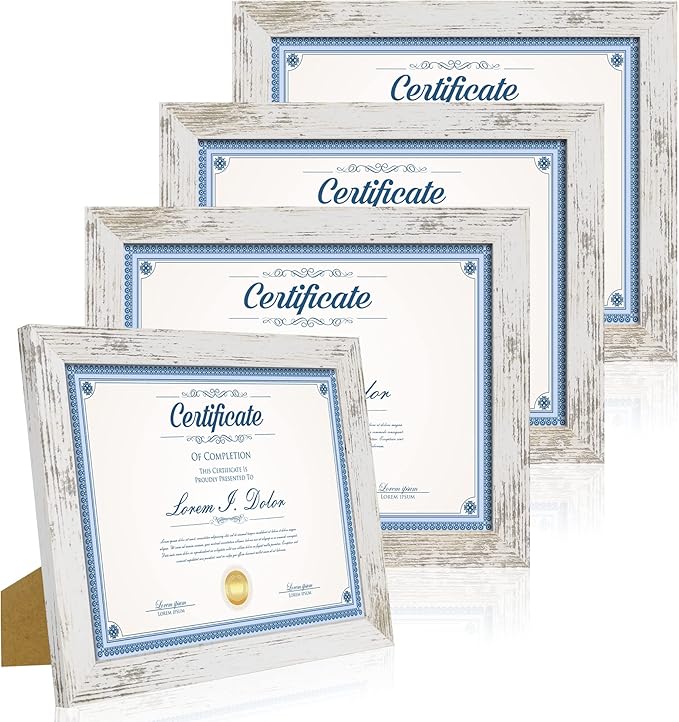 Hongkee 8.5 x 11 Picture Frame Set of 4, Made of Real Glass and Distressed White Certificate & Diploma Frame, 8.5 by 11 Photo for Wall or Tabletop - Display Picture 6x8 with Mat or 8.5x11 Without Mat