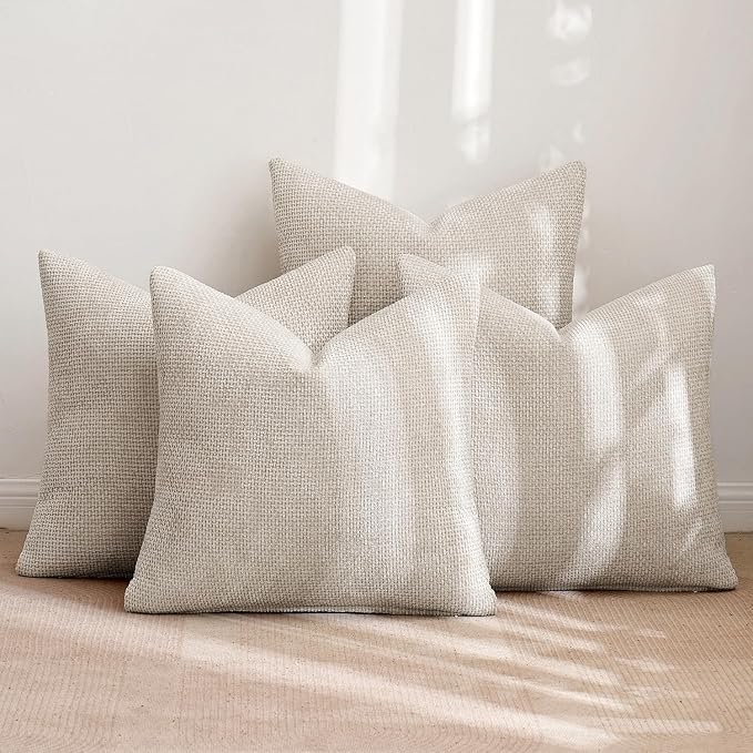 MIULEE Soft Decorative Chenille Pillow Covers Cream 18x18 Pack of 4 | Modern Home Decor, All Same Cream Color Set, Couch Throw Pillows, Farmhouse Boho Cushion Covers for Sofa Bed Living Room