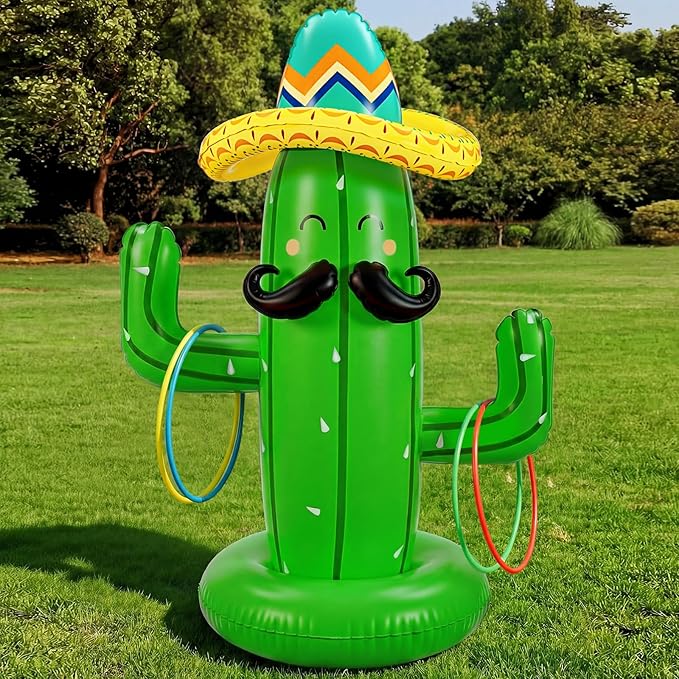 Hungdao 40 Inch Mexican Inflatable Cactus Ring Toss Game Set, Target Toss Party Games with 10 Pcs Rings Floating Summer Activity for Mexicano Fiesta Outdoor Beach Decor Cinco De Mayo Party