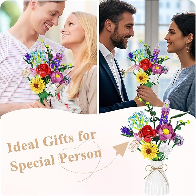 Flowers Bouquet Building Set, Botanical Collection Artificial Flower with Vase, Rose, Sunflower, Hydrangea, Jasmine for Home Decor, Plants Gifts for Mother's Day Anniversary Adults Women Girls