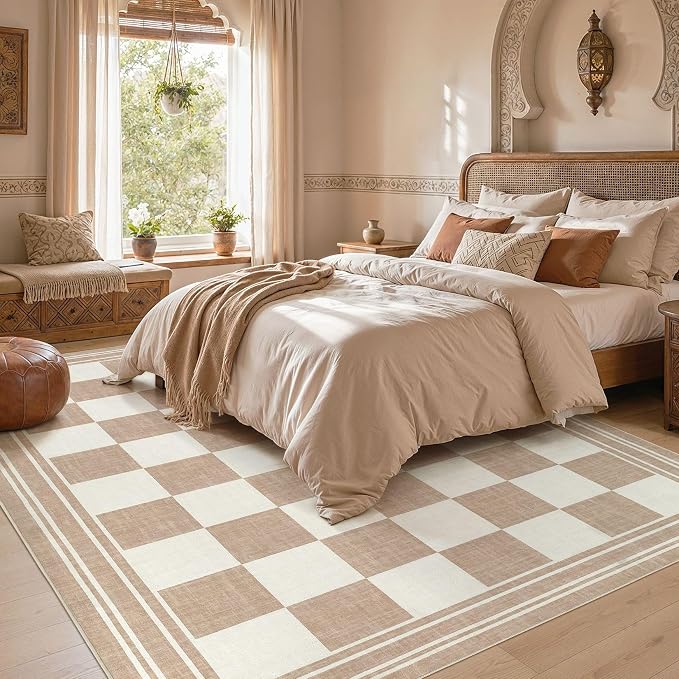 cotiled Washable Area Rugs 10x14 Living Room | Non Slip Backing, Stain Resistant, Pet Friendly, Large Neutral Soft Indoor Carpet For Bedroom, Nursery, Office, Khaki/Brown