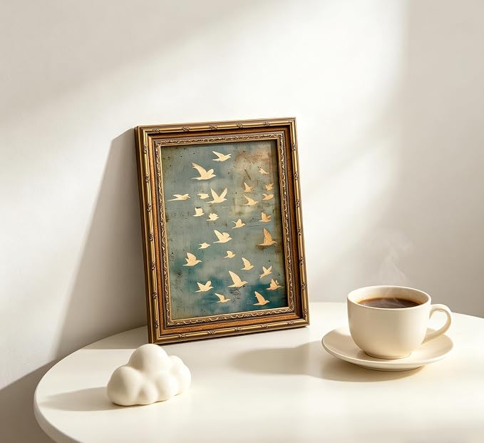 Vintage Gold Framed Wall Art, Golded Inspired Abstract Birds Canvas Prints, Flock of Flying Birds Picture Wall Decor, Rustic Farmhouse Minimalist Animals Poster Artwork for Living Room Bedroom