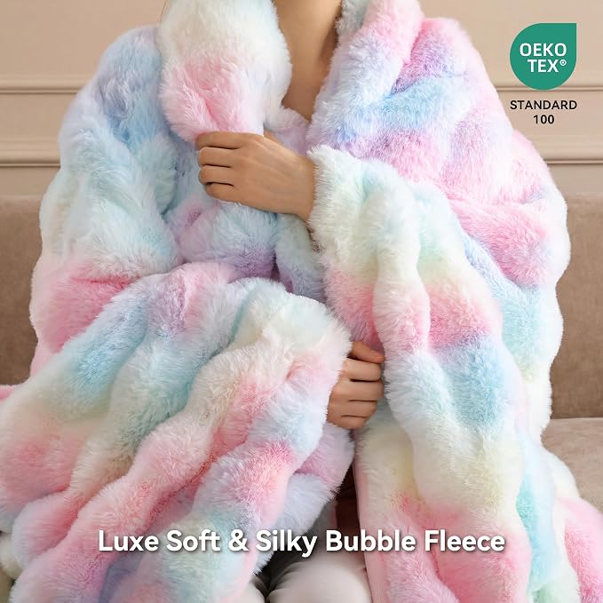 Faux Rabbit Fur Throw for Couch - Rainbow Bubble Blanket 60"x80" | Fluffy Plush Fuzzy Colorful Throw for Sofa & Bed, Super Soft Cozy Comfrt Blanket, Luxury Rainbow Decor Gift for Women