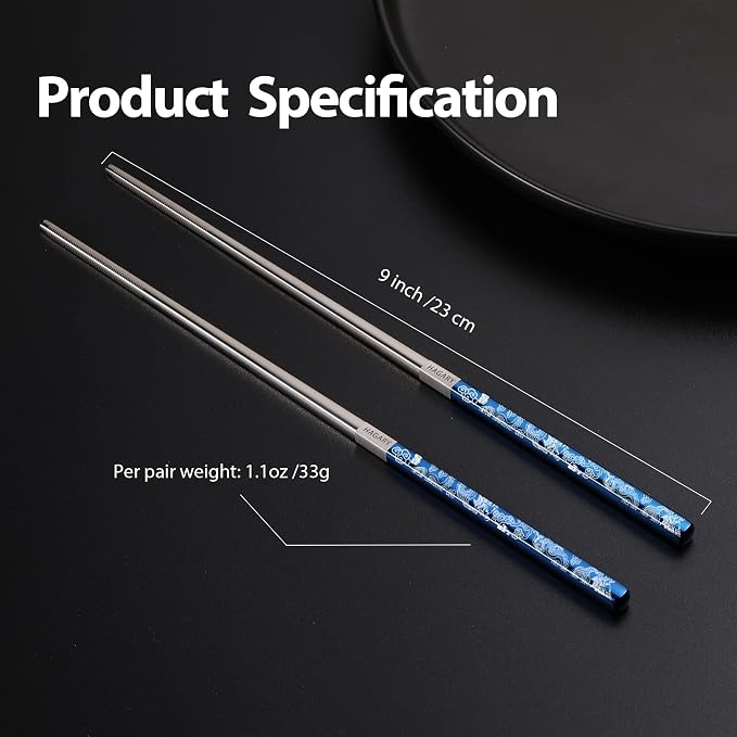 Hagary Dragon Chopsticks Metal Reusable Designed In Korea Japanese Style Stainless Steel 316 18/10 Non-Slip Dishwasher Safe Laser Etched (Blue - 5 Pairs)