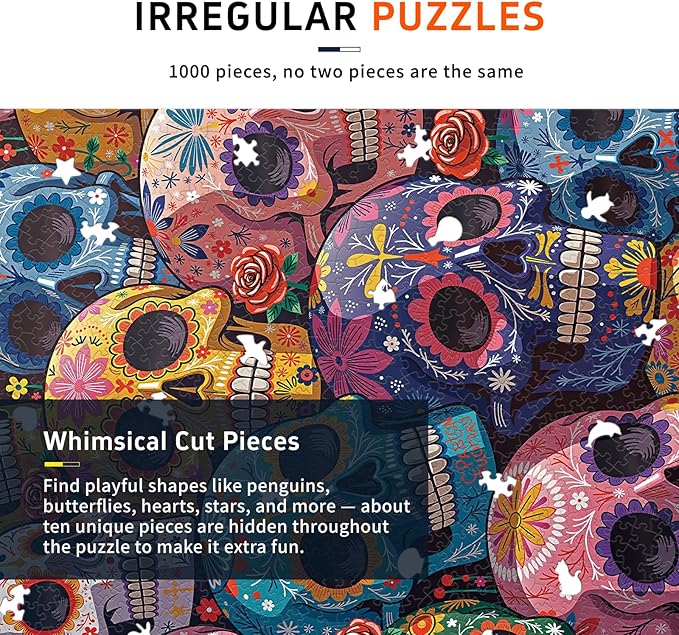 1000 Piece Puzzle for Adults, Colorful Floral Skull Artwork with Matte Finish, Color-Coded Back for Easy Sorting, Vibrant Art Puzzle for Adults, 19.25 x 26.65 in