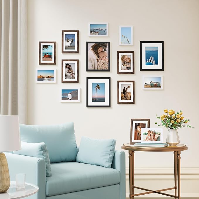 Vittanly 15 Pack Gallery Wall Frame Set, Black, Brown, White | Picture Frames Collage Wall Decor: 3pcs 8x10, 6pcs 5x7, 6pcs 4x6. Picture Frame Set for Wall or Tabletop Display
