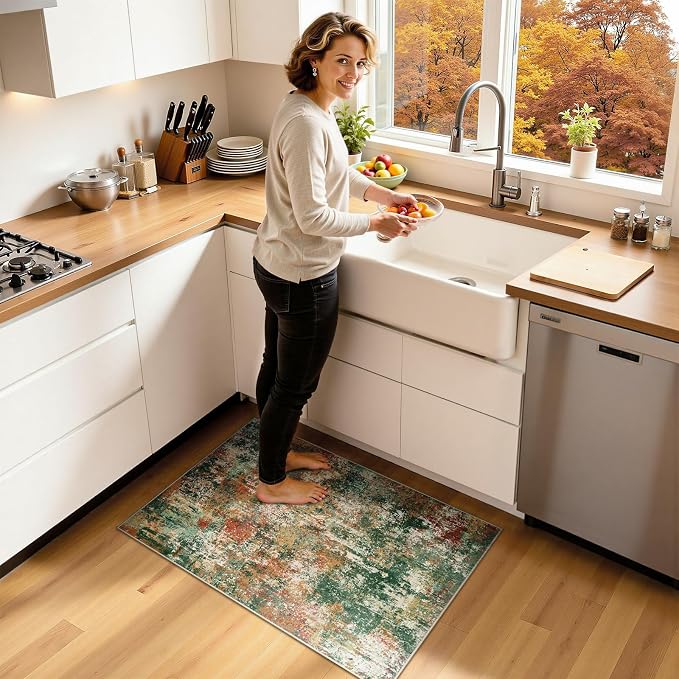 RELEANY Washable Area Rugs 2'x3' Non-Slip Modern Abstract Soft for Living Room Entryway Bedroom Kitchen, Print Pattern, Green Orange Rust Red Cream Colorful
