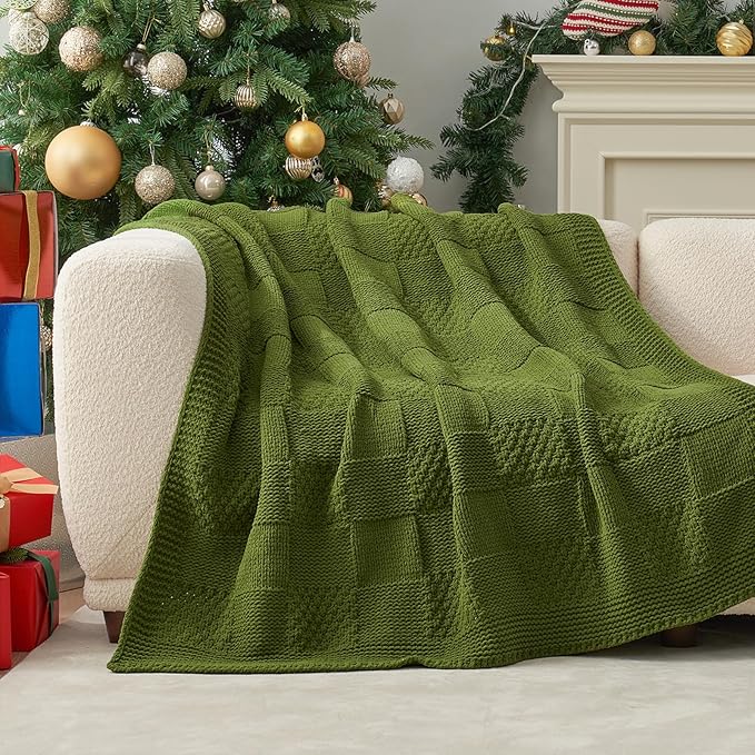 Knit Throw Blanket, Soft Chenille Cozy Breathable Checkered Chunky Decorative Blanket for Couch, Bed & Sofa, French-Inspired Lightweight Warm Gift for Women, Olive Green, 50"x60"