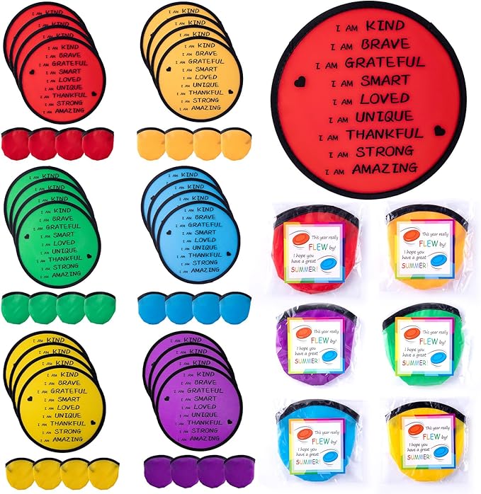 End of the Year Gifts for Students Bulk Foldable Flying Disc Fans Set with Stickers Bags, End of Year Student Gifts from Teacher Beach Fun Folding Pocket Hand Fans for Outdoor Activities Games