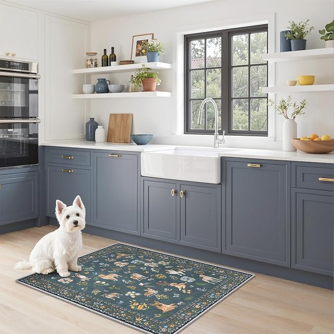 Soalmost 2x3 Dog Rugs for Entryway, Washable Door Mat Soft Rug Navy Blue | Floral Small Cute Animal Area Rug Non-Slip Low Pile Throw Rugs for Entrance Kitchen Indoor Front Door Kids Room 2' x 3'