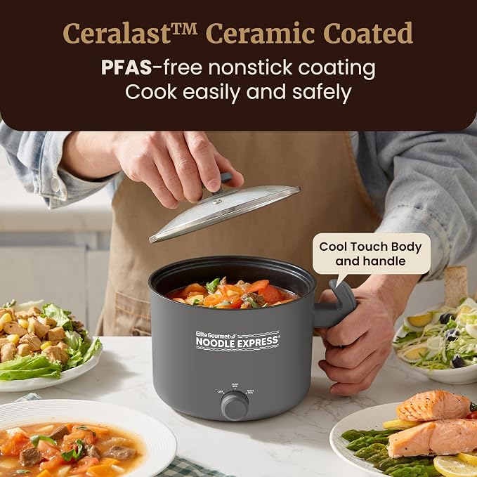 Elite Gourmet Noodle Express Electric Hot Pot, Ceralast Non-Stick, Grey | Cool-touch handle - PFAS-free ceramic coating - prepares noodles, soups & stews - glass lid - 2 heat settings, High/Low