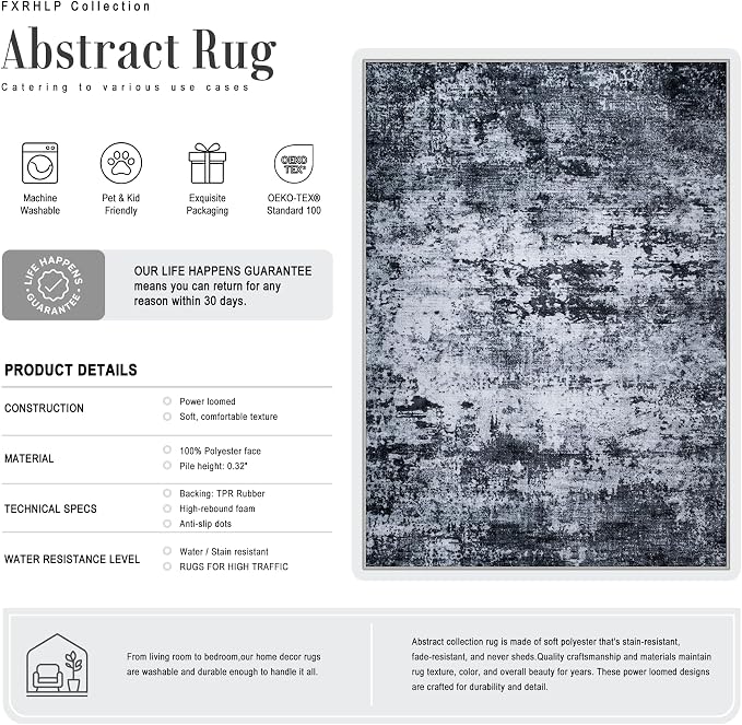 4x6 Area Rug Living Room Rug: Washable Modern Abstract Soft Thin Rug Indoor Floor No Slip Stain Resistant Carpet for Bedroom Dining Room Farmhouse Nursery Home Office - Black