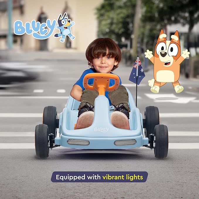 Bluey 12V Electric Go Kart for Kids, Electric Ride-On Toy with Lights, Seat Belt, Ages 3-6, Durable PVC and Iron Construction, Rechargeable Battery, Outdoor and Indoor Fun