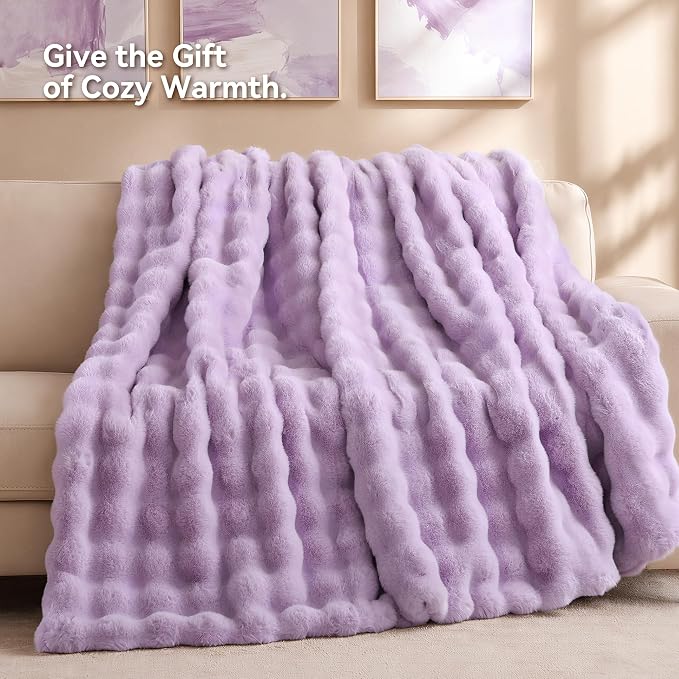 Faux Fur Throw for Couch - Light Purple Bubble Blanket 60"x80" | Fluffy Plush Fuzzy Throw for Sofa & Bed, Super Soft Cozy Comfrt Blanket, Luxury Aesthetic Purple Decor Gift for Women