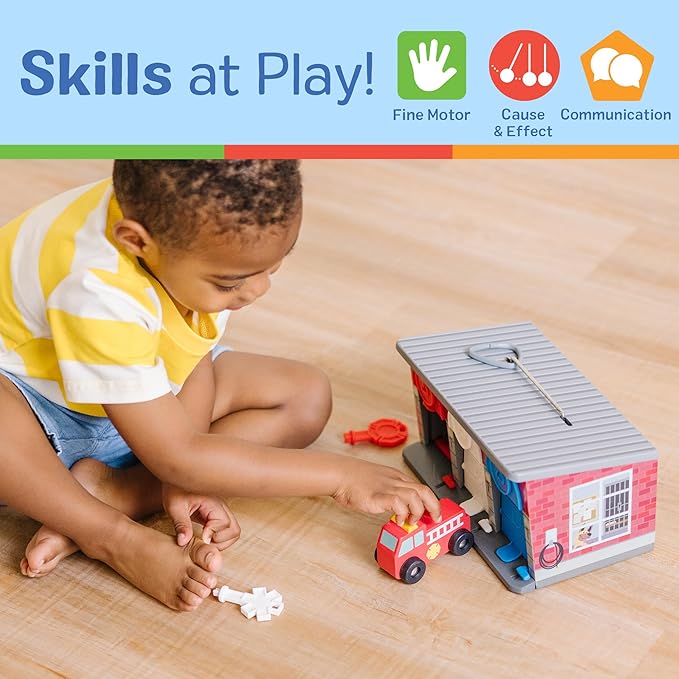 Melissa & Doug Toy Keys and Cars Wooden Rescue Vehicles and Garage (7 pcs) Toddler Pull Back Toys, Toy Garage for Kids Ages 3+