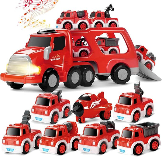 MindPal Fire Truck Toy for 3 4 5 6 7 Years Old Toddler Boys, 8-in-1 Fire Car Carrier Vehicle Set for Boys Age 3-5, Transport Car with Light & Sound, Kids Toys Cars Set for Birthday