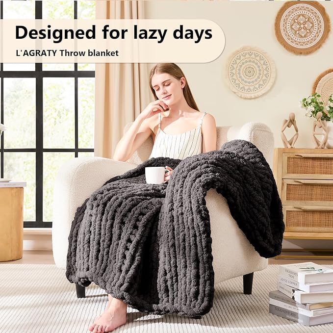 L'AGRATY Chunky Knit Throw Blanket for Couch, 40 x 50 Inches, Dark Grey | Handmade Chenille Crochet Blanket for Sofa Bed, Thick Cable Knitted Blankets for Room Home Decor, Birthday Gift for Women Mom