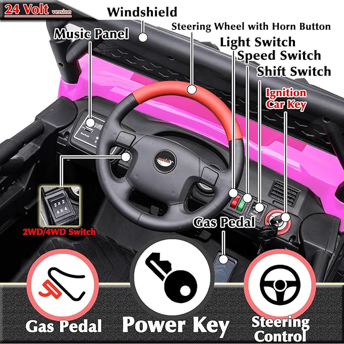 Sopbost 24V Premium 4x4 Ride On UTV for Kids with Remote Control, Electric Off-Road Truck with EVA Rubber Tires, 2WD/4WD Switch, Music & LED Lights, Battery Powered Car for Big Kids Ages 3–8 (Pink)
