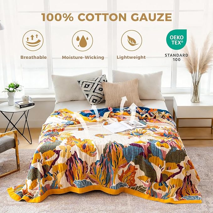 LUTBM King Throw Blanket for Bed -100% Cotton Soft Boho Summer Blankets | 90"x108" Reversible Floral Butterfly Bedspread, All-Season, For Chair Sofa Couch Bedroom Decor, Lightweight Breathable Quilt
