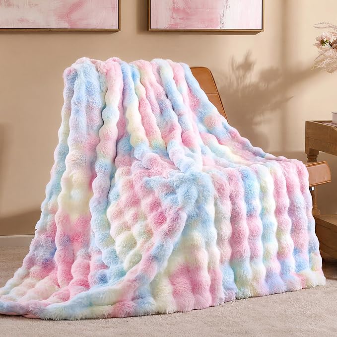 Faux Rabbit Fur Throw for Couch - Rainbow Bubble Blanket 60"x80" | Fluffy Plush Fuzzy Colorful Throw for Sofa & Bed, Super Soft Cozy Comfrt Blanket, Luxury Rainbow Decor Gift for Women