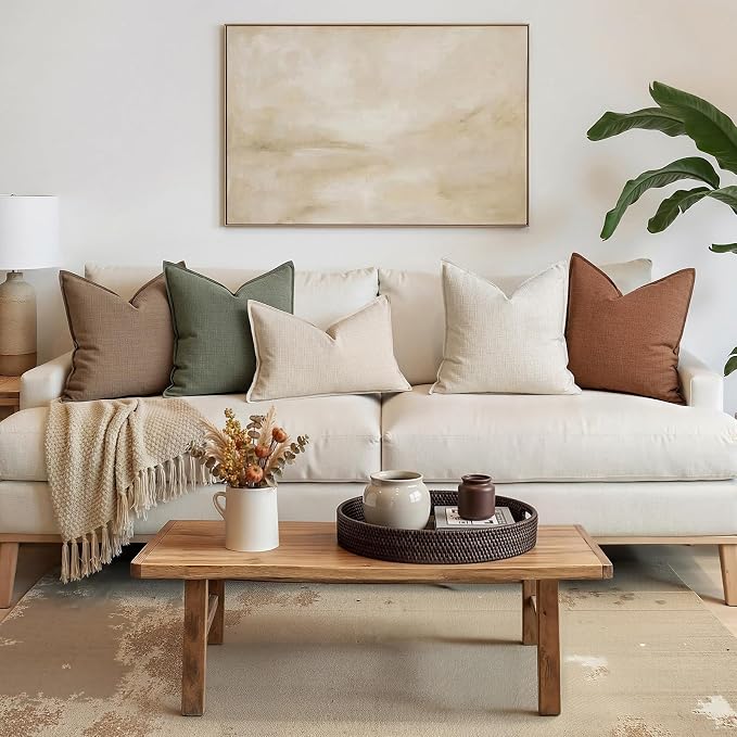 MIULEE Thick Textured Decorative Throw Pillow Covers 22x22 in Natural Linen | Set of 2, Linen Blend Pillow Cover, Flange Edge Design, Farmhouse Modern Boho Style, Bed Couch Living Room Decor