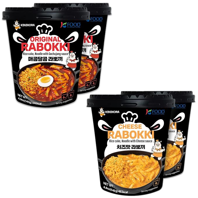 KINIKORA Korean Instant Rabokki Cup Variety Pack – Original & Cheese Flavors, 4 Cups Total (2x Original + 2x Cheese) – Quick Korean Ramen & Rice Cake Meal, Ready in 3 Min