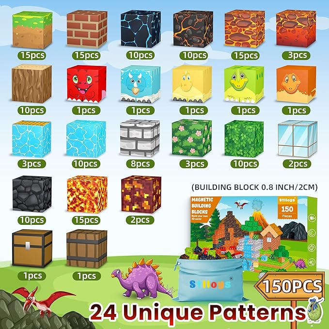 150PCS Magnetic Blocks Dinosaur Toys, Magnetic Building Blocks Cubes Tiles, STEM Sensory Outdoor Toys for Kids Toddlers Boys Girls Ages 3 4 5 6 7 8 Birthday Gifts