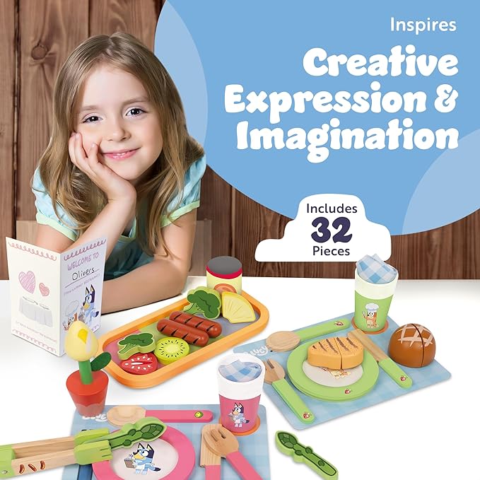 Bluey - Dine in with Bluey Set, 32-Piece Wooden Toy Set with Magic Asparagus, Plates, Utensils & More, Perfect for Role-Play & Imaginative Fun, FSC-Certified, Suitable for 3 Years & Up