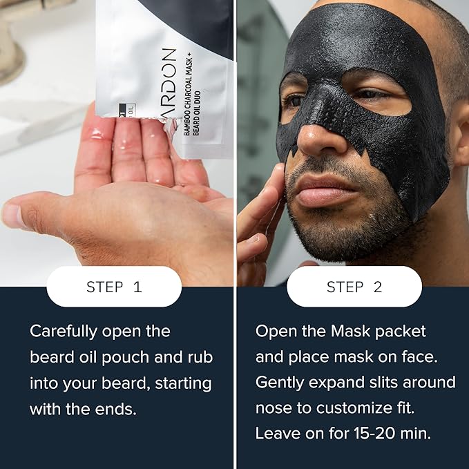 Cardon Complete Face & Beard Care Sheet Masks for Men - Korean Face Masks Skincare with Bamboo Charcoal Detox + Premium Beard Oil - 4 Pack for Deep Hydration, Anti-Aging & Post-Shave Comfort
