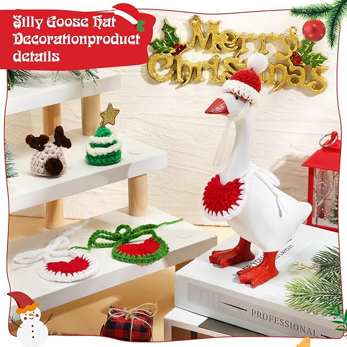 Geyoga 3 Pcs Mini Desk Goose Outfits 7 Inch Mini Knitting Hat and Bandana Knitting Desk Goose Headwear Bibs Accessory for Magnetic Statue Table Decor Gifts (Christmas Style)