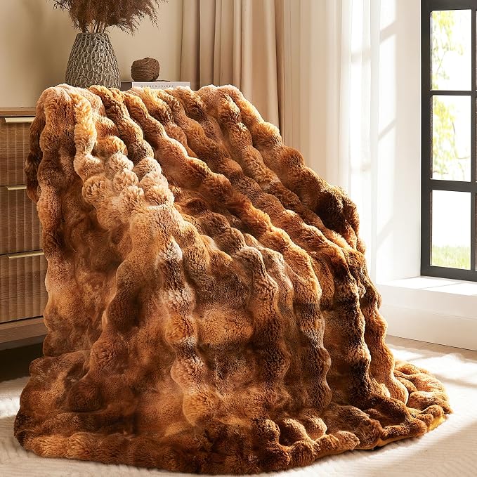 L'AGRATY Faux Fur Throw Blanket for Couch, 50''x60'' Tie-Dye Caramel Brown | Soft Cozy Bubble Fluffy Blanket for Sofa Bed, Thick Warm Plush Fuzzy Throw for Room Home Decor, Luxury Gift for Women Mom