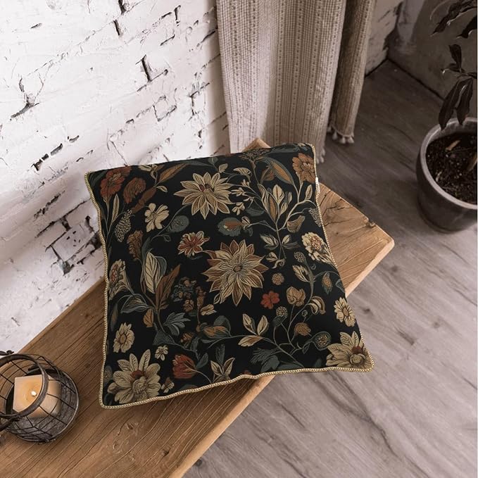 Black Boho Vintage Flowers Velvet Pillow Covers 16x16 Inch Retro Art Brown Floral Throw Pillows for Couch Cushion Covers Pillowcase Farmhouse Bohemian Pillow Cases for Sofa Bed Bedroom