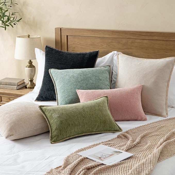 a moment Pack of 2 Decorative Chenille Throw Pillow Covers with Twill Cushion Covers for Sofa Living Room Couch Bed 16x16 Inch,Crafted Border Beige