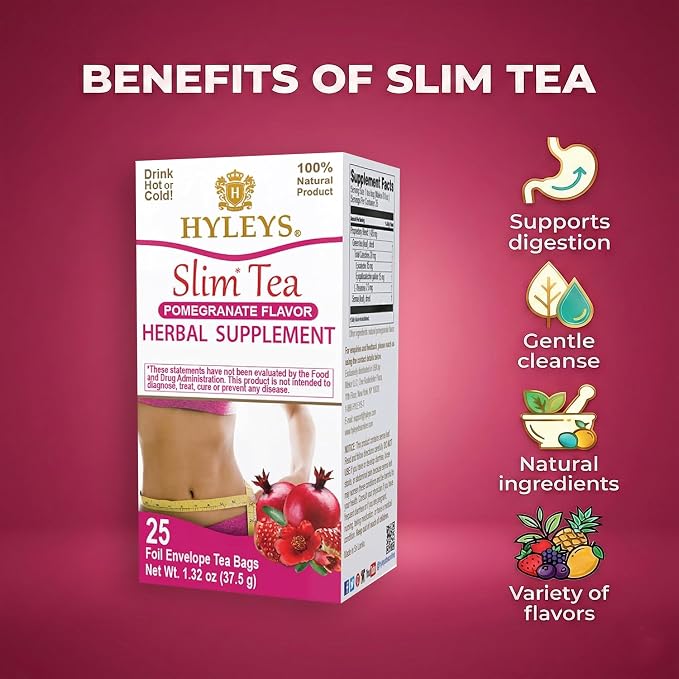 Hyleys Slim Tea Pomegranate Flavor - Weight Loss Herbal Supplement Cleanse and Detox - 25 Tea Bags (12 Pack)