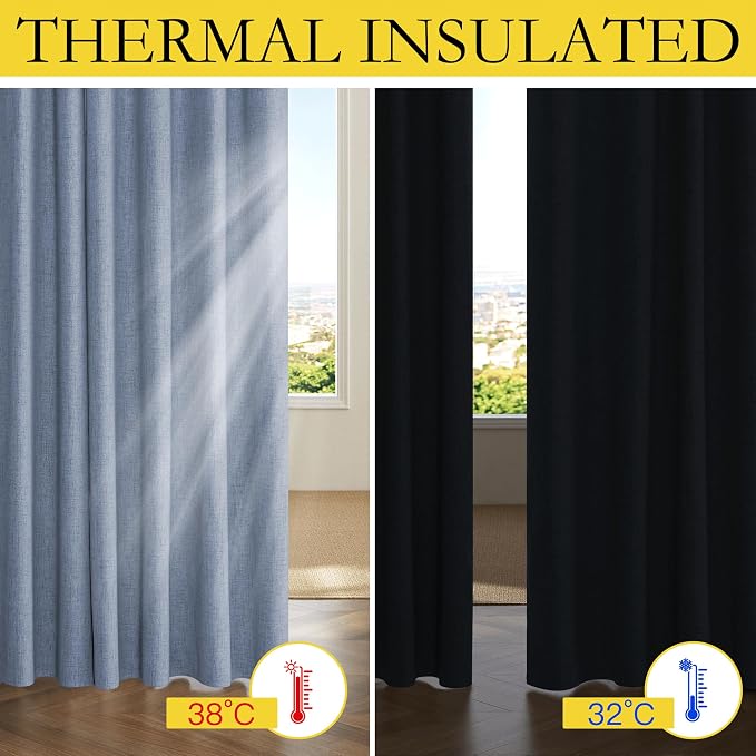 NICETOWN 100% Blackout Linen Curtains for Bedroom, Thick Insulated Rod Pocket & Back Tab Full Light Blocking Draperies with Gray Liner for Night Shift Workers (Set of 2, 52 by 78-inch, Stone Blue)