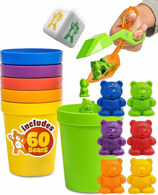 Skoolzy Counting Bears Set - 70 Pc Color Sorting Sensory Toys for Toddlers 3-4 - Montessori Toys for 3 Year Old - Autism Toys for Toddlers 3-4 - Color Sorting Toys for Toddlers Learning + Education
