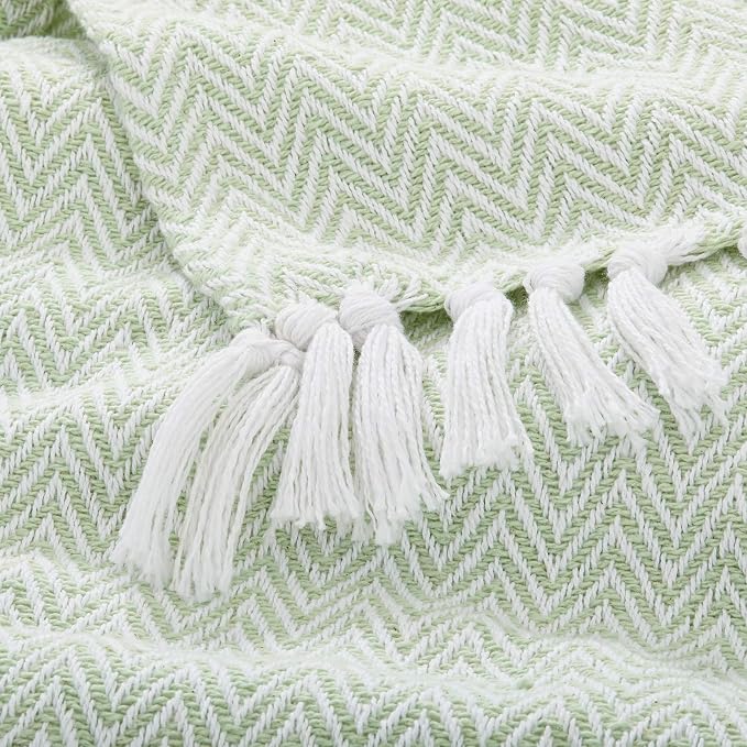 Americanflat 50x60 Throw Blanket - Soft and Breathable Cotton Throw Blanket for Couch, Bed, Chair - Decorative Blankets Perfect for Home or Outdoor Use - Light Green and White Herringbone Design
