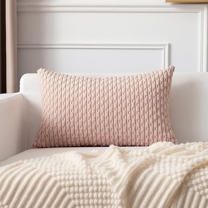 Kevin Textile Soft Corduroy 14"x22" Lumbar Pillow Cover 1 Pack, Light Pink | Boho Stripe Plush Corduroy Decorative Oblong Cushion Cover Modern Farmhouse Home Decor for Sofa Couch Bed Chair