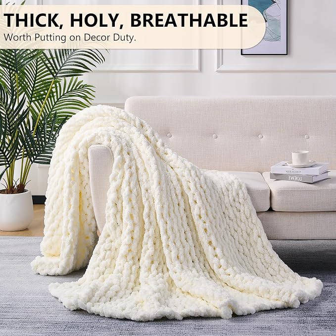 L'AGRATY Chunky Knit Throw Blanket for Couch, 50 x 60 Inches, Cream White | Handmade Chenille Crochet Blanket for Sofa Bed, Thick Cable Knitted Blankets for Room Home Decor, Birthday Gift for Women Mom