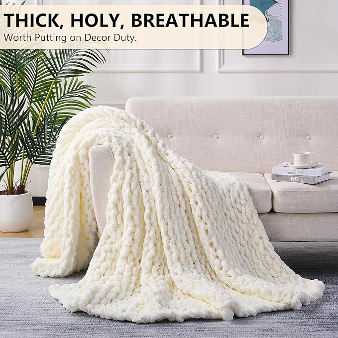L'AGRATY Chunky Knit Throw Blanket for Couch, 80 x 90 Inches, Cream White | Handmade Chenille Crochet Blanket for Sofa Bed, Thick Cable Knitted Blankets for Room Home Decor, Birthday Gift for Women Mom