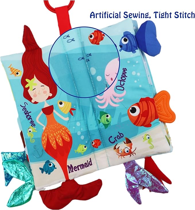 bebe mondo Fish Baby Books Toys 0-6-12-18 Months,Touch Feel Crinkle Soft Cloth Books for Babies Infant Newborn, Baby Girl Boy Shower Toys,Teething Teethers,Stroller Toy-Mermaid