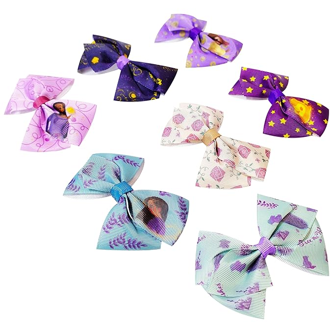Disney Wish Kids Hair Bows - Hair Accessories Set - 7 Pcs 4 Inch Bow Bundle - Hair Bows for Girls - Different print on each clip - Alligator Clip - Ages 3+
