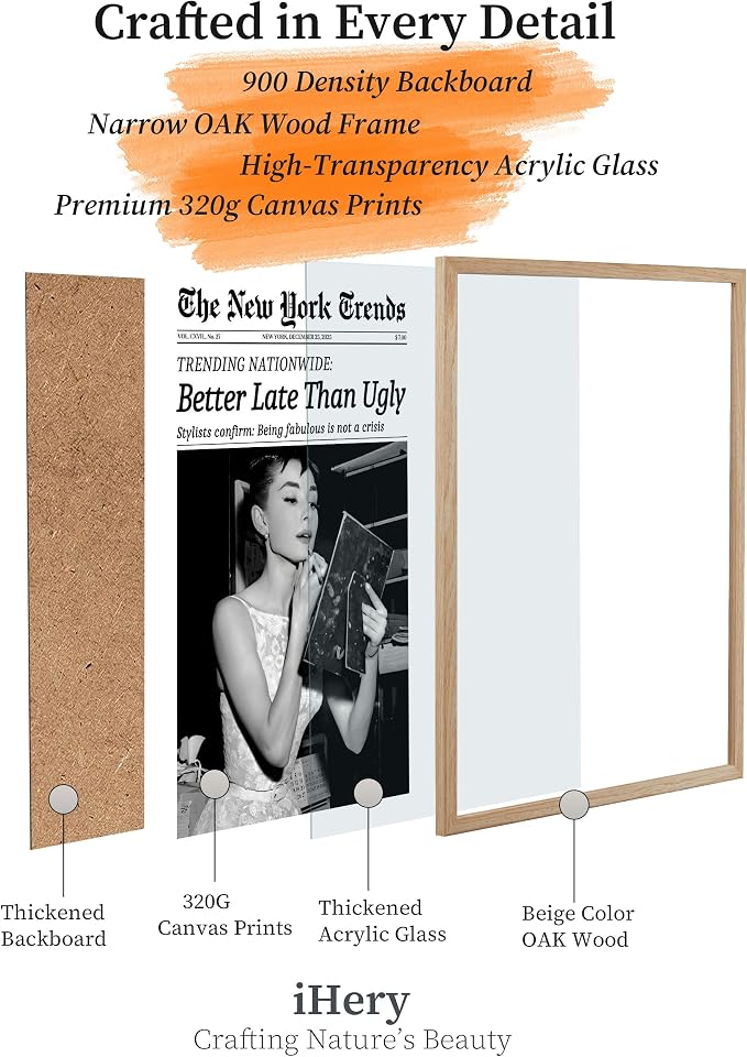 iHery 12x16in Hepburn Better Late Than Ugly Framed Bathroom Wall Art | Natural OAK Wood Frame with Canvas Print, Retro Black and White Decor for Bathroom, Bedroom, Apartment and Girly Room, 1Pack