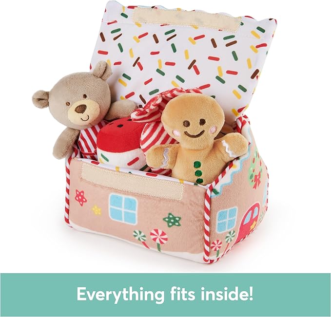 GUND Baby Play Soft Collection, My First Gingerbread House 5-Piece Playset with Rattle, Squeaker and Crinkle Plush Toys, Sensory Toy for Babies, 7.5”